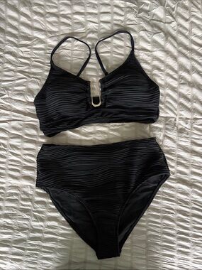 Black Textured High-Waist Bikini Set